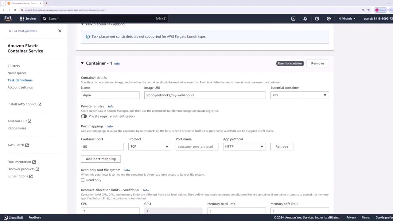 The image shows a configuration screen for creating a task definition in Amazon Elastic Container Service (ECS), detailing container settings such as name, image URI, port mappings, and resource allocation.