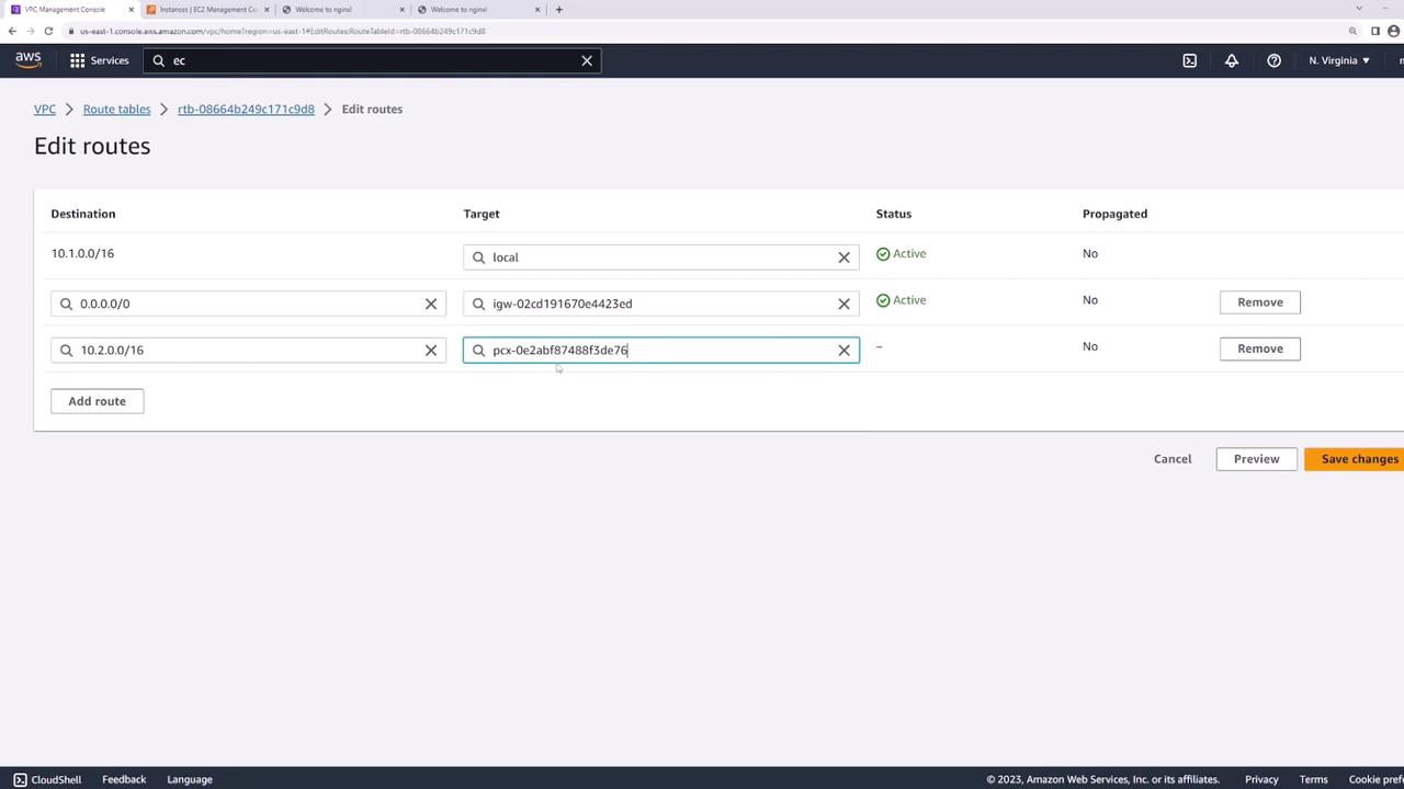 The image shows the AWS Management Console with a focus on editing route tables. It displays a list of routes with their destinations, targets, statuses, and propagation settings.