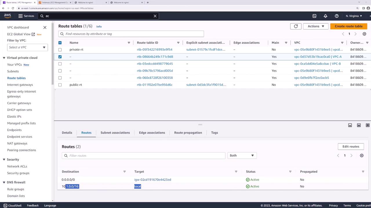 The image shows an AWS VPC dashboard displaying route tables, with details of routes, subnet associations, and other configurations. The selected route table includes routes for internet gateway and local traffic.