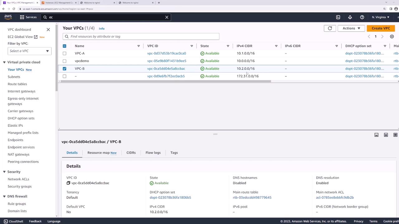 The image shows an AWS VPC dashboard displaying a list of Virtual Private Clouds (VPCs) with details such as VPC ID, state, and IPv4 CIDR. The selected VPC is "VPC-B" with additional details shown below.