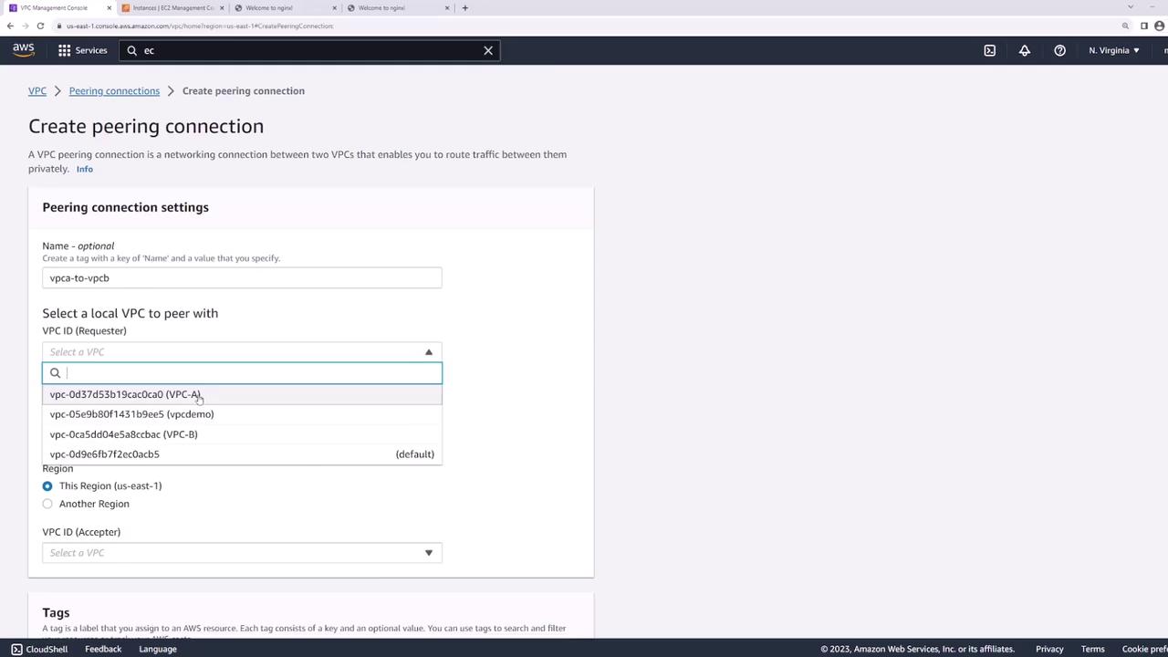 The image shows the AWS VPC Management Console interface for creating a peering connection between two VPCs. It includes fields for selecting a local VPC and specifying the region.