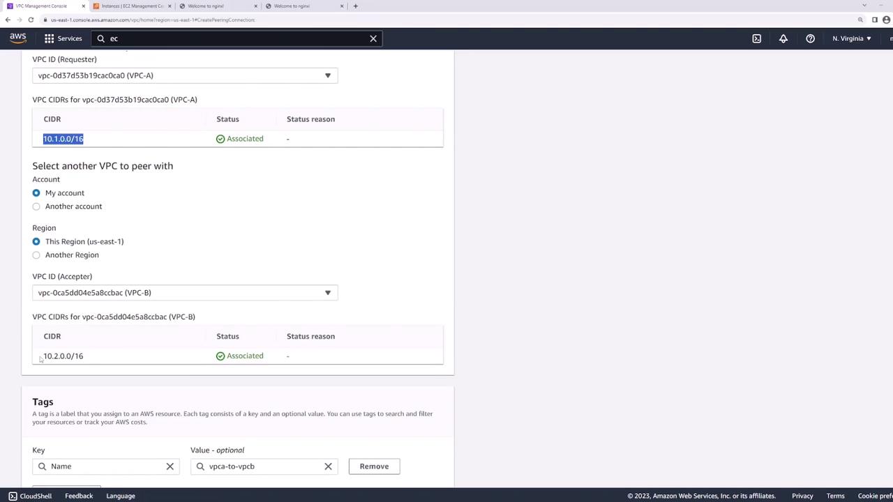 The image shows an AWS Management Console screen for setting up a VPC peering connection, displaying options for selecting VPCs and regions, along with CIDR details and tagging options.