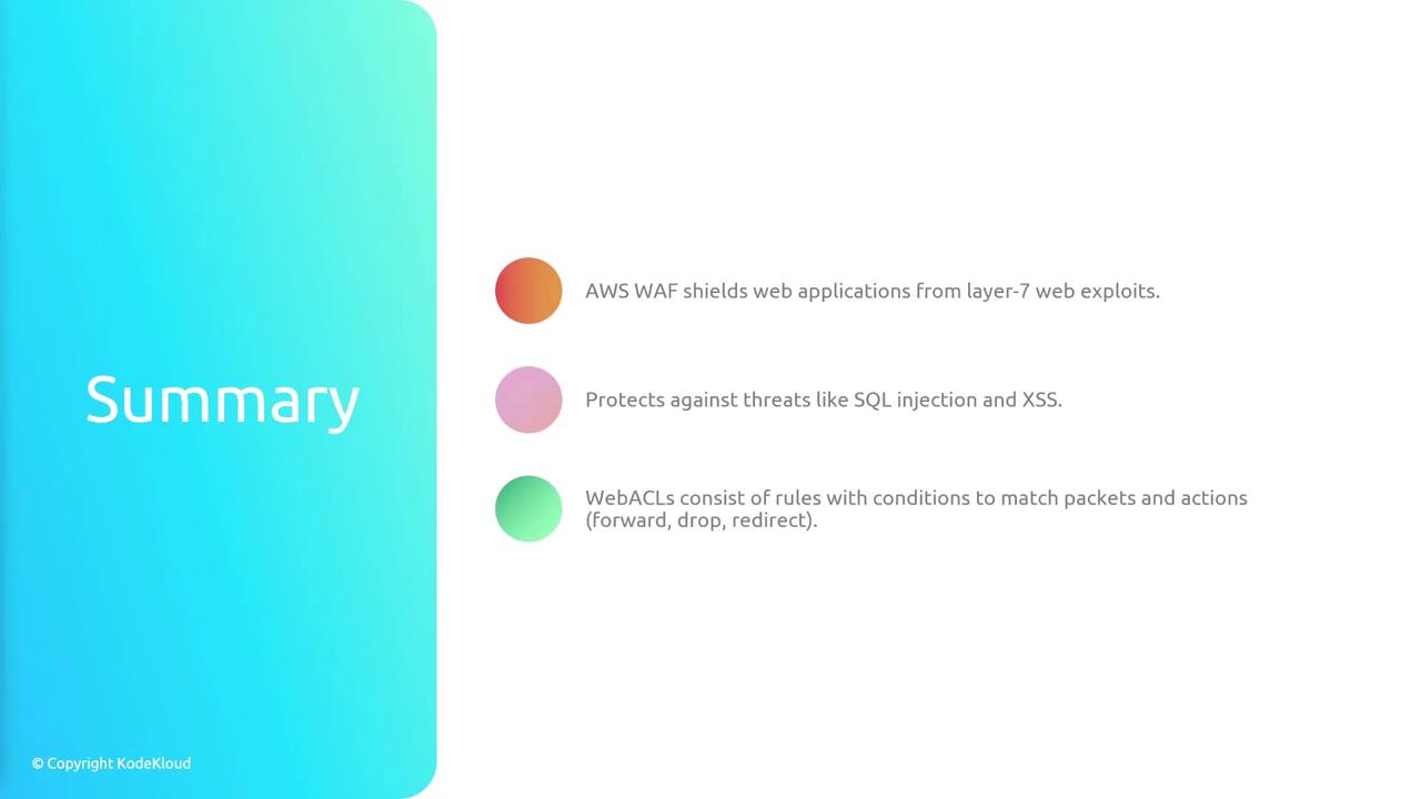 The image is a summary slide about AWS WAF, highlighting its protection against layer-7 web exploits, threats like SQL injection and XSS, and the use of WebACLs with rules for packet actions.