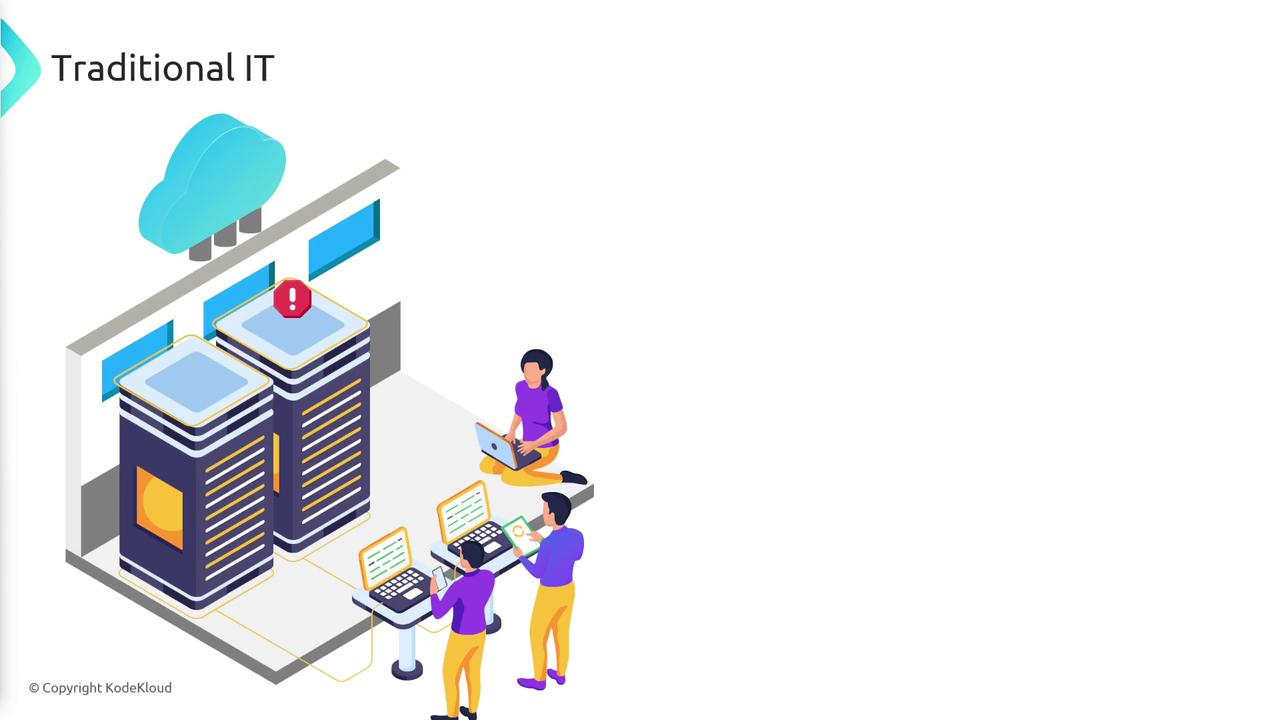 The image depicts a traditional IT setup with servers, a cloud icon, and people working on computers. An exclamation mark indicates an alert or issue with the servers.
