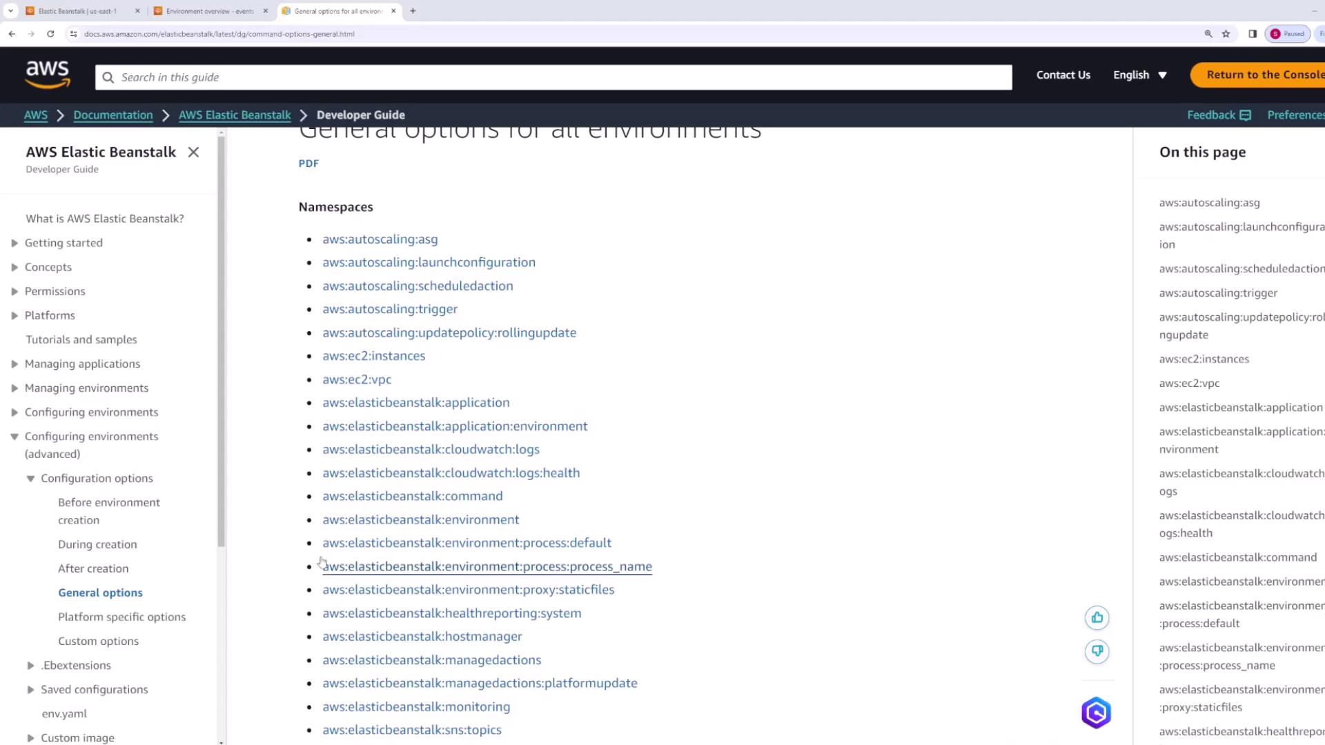 The image shows a webpage from the AWS Elastic Beanstalk Developer Guide, listing various namespaces related to configuration options for environments.