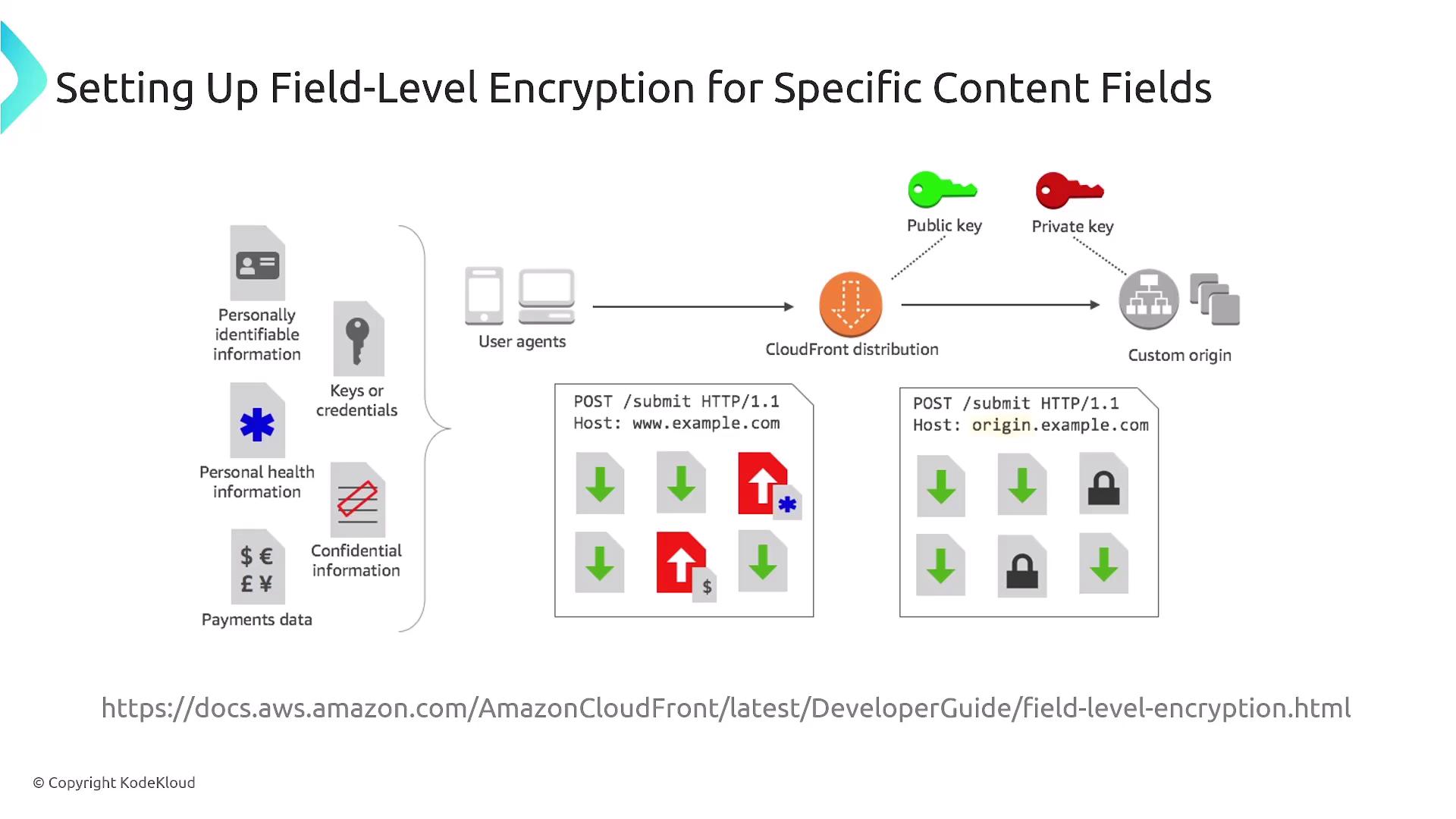 The image illustrates the process of setting up field-level encryption for specific content fields using CloudFront, showing the flow of data from user agents to a custom origin with public and private key encryption. It includes examples of data types like personally identifiable information and payments data.