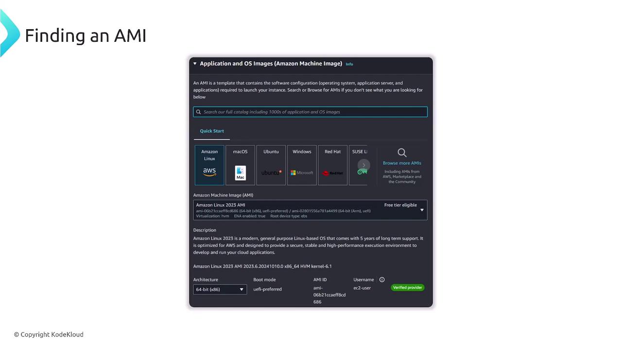 The image shows a user interface for finding an Amazon Machine Image (AMI) on AWS, with options for different operating systems like Amazon Linux, macOS, Ubuntu, and Windows. It includes details about the selected AMI, such as architecture and description.