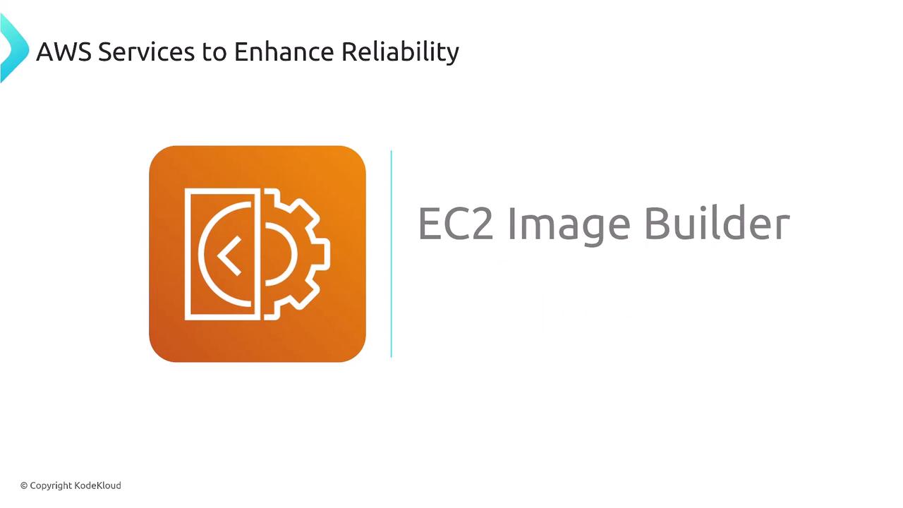 The image is a slide titled "AWS Services to Enhance Reliability" featuring the EC2 Image Builder logo and text.