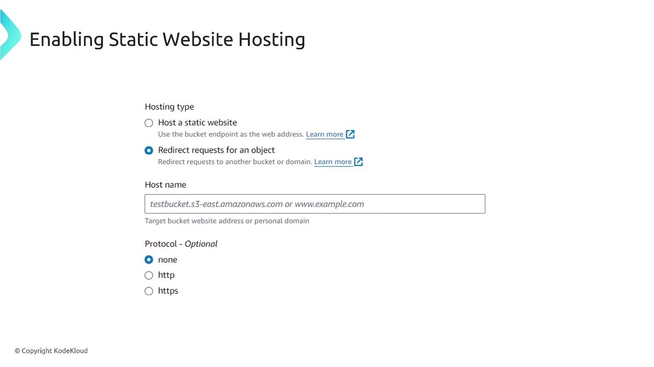 The image shows a configuration screen for enabling static website hosting, with options to host a static website or redirect requests, and fields for host name and protocol selection.