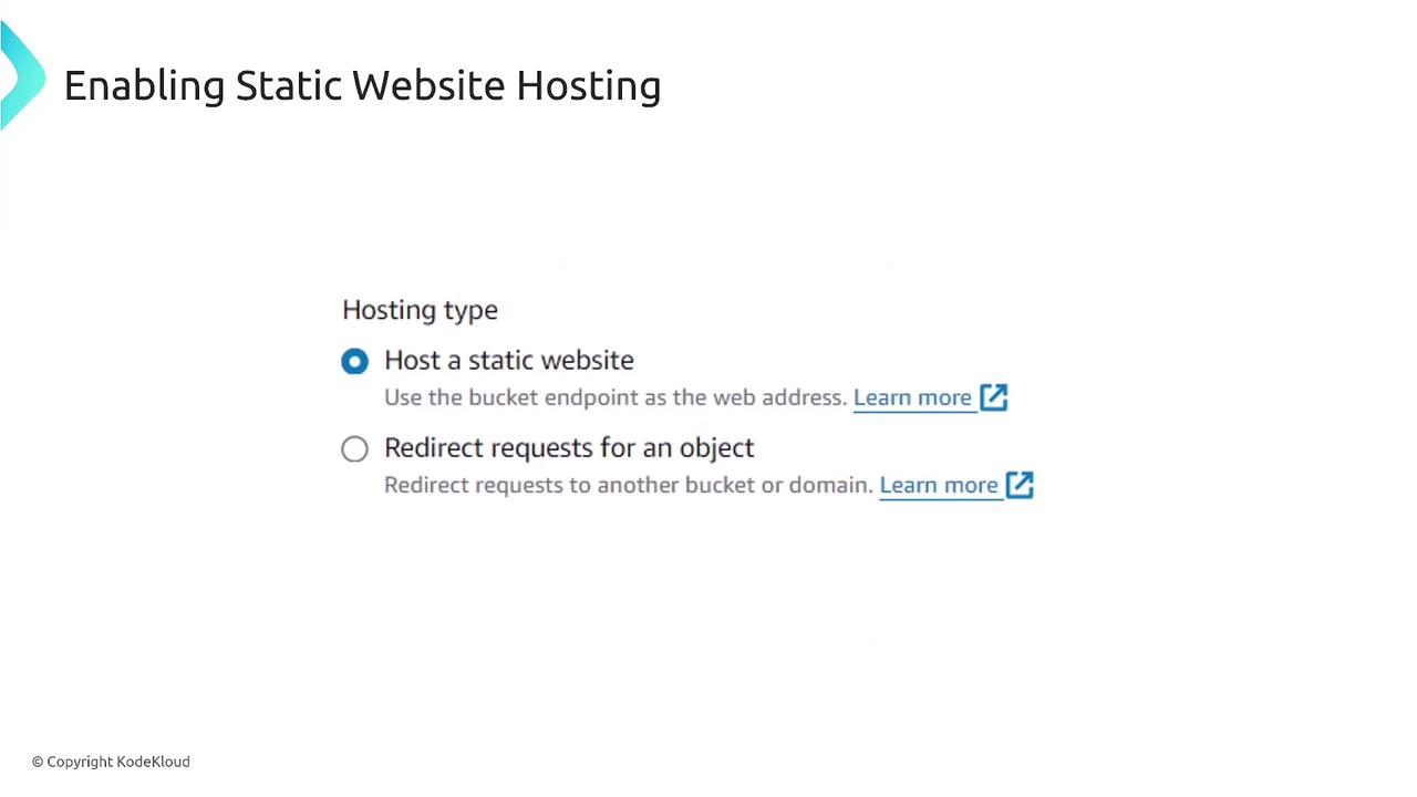 The image shows options for enabling static website hosting, with choices to host a static website or redirect requests for an object.