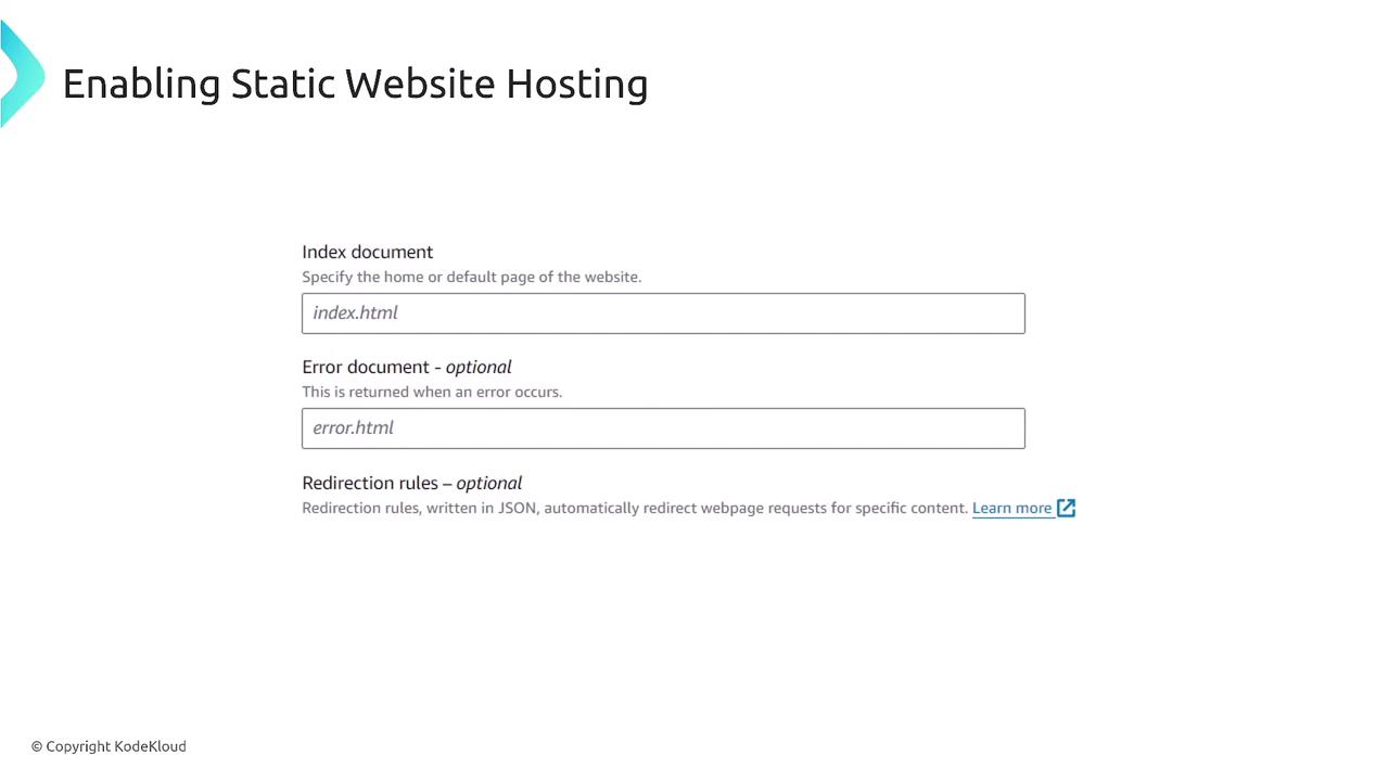 The image is a screenshot showing settings for enabling static website hosting, including fields for specifying an index document, an optional error document, and optional redirection rules.