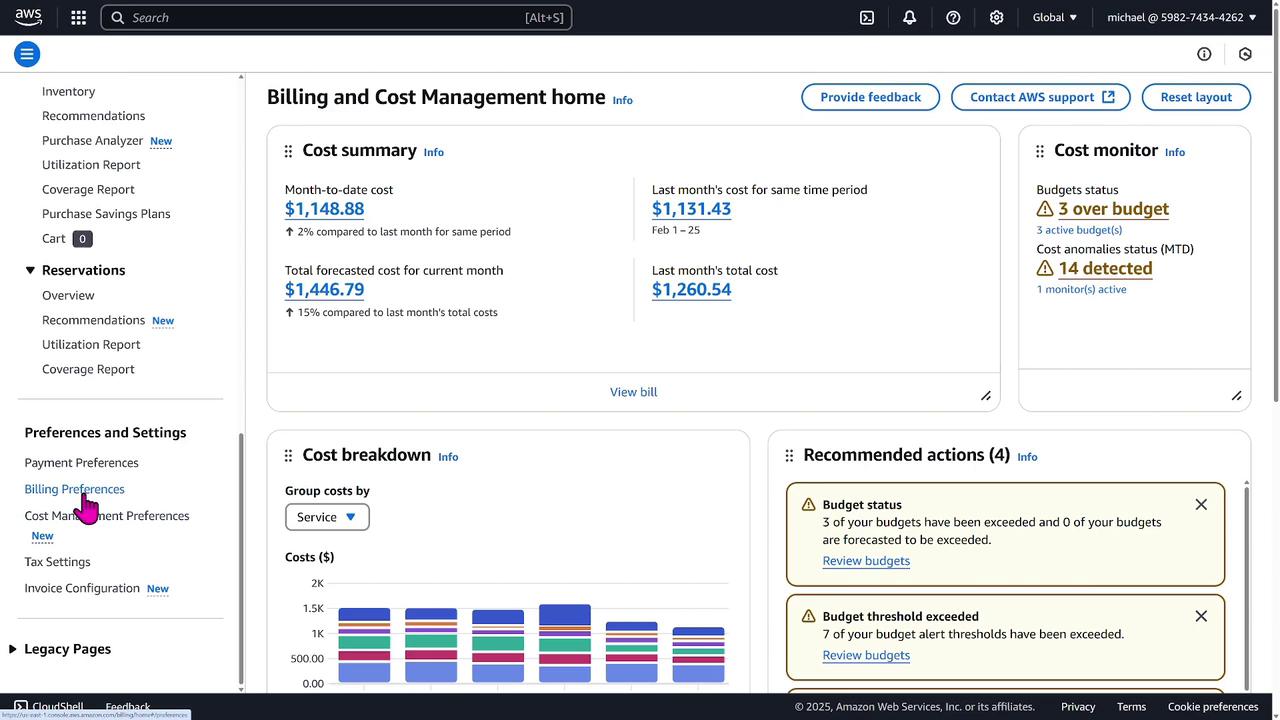 The image shows an AWS Billing and Cost Management dashboard, displaying cost summaries, cost breakdowns, and budget status alerts.
