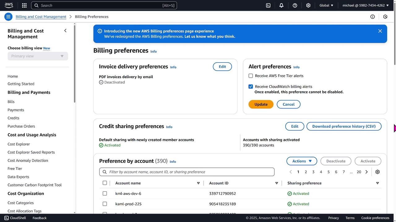 The image shows the AWS Billing Preferences page, displaying options for invoice delivery, alert preferences, and credit sharing preferences, along with a list of accounts and their sharing status.