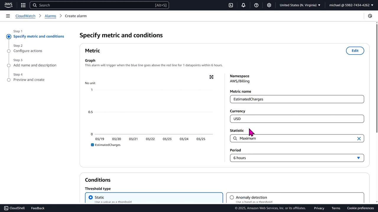 The image shows an AWS CloudWatch interface for creating an alarm, specifically in the "Specify metric and conditions" step. It includes settings for monitoring estimated charges in USD with a graph and conditions for triggering the alarm.