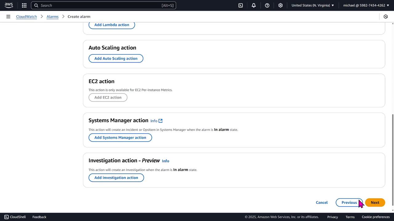 The image shows an AWS CloudWatch interface for creating an alarm with options to add various actions like Lambda, Auto Scaling, EC2, Systems Manager, and Investigation actions. There are "Previous" and "Next" buttons at the bottom.