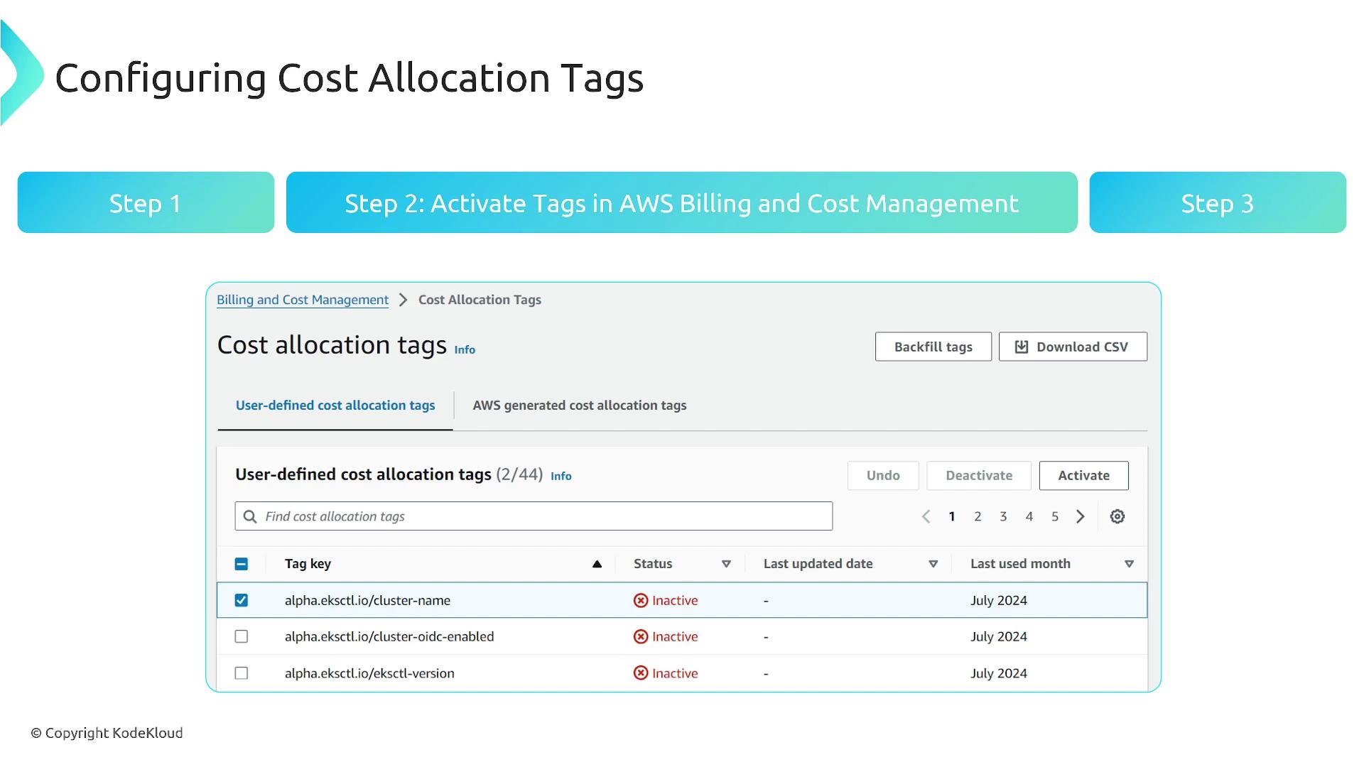 The image shows a screenshot of the AWS Billing and Cost Management interface, specifically the section for configuring cost allocation tags. It highlights user-defined cost allocation tags with options to activate them.