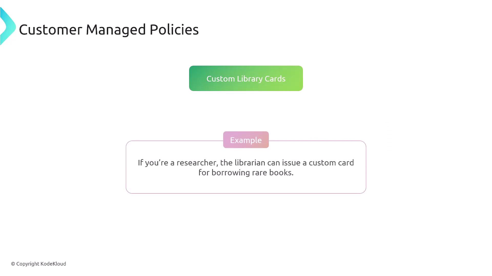 The image is a slide titled "Customer Managed Policies" with a section on "Custom Library Cards" and an example about issuing custom cards for researchers to borrow rare books.