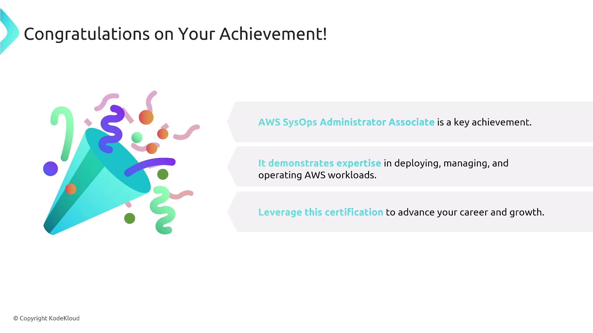 The image congratulates someone on achieving the AWS SysOps Administrator Associate certification, highlighting its importance and career benefits, alongside a colorful confetti graphic.