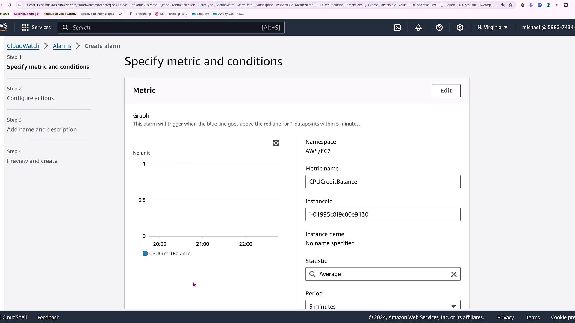 The image shows an AWS CloudWatch interface for creating an alarm, specifically for monitoring the CPUCreditBalance metric of an EC2 instance. It includes a graph and fields for specifying metric details and conditions.