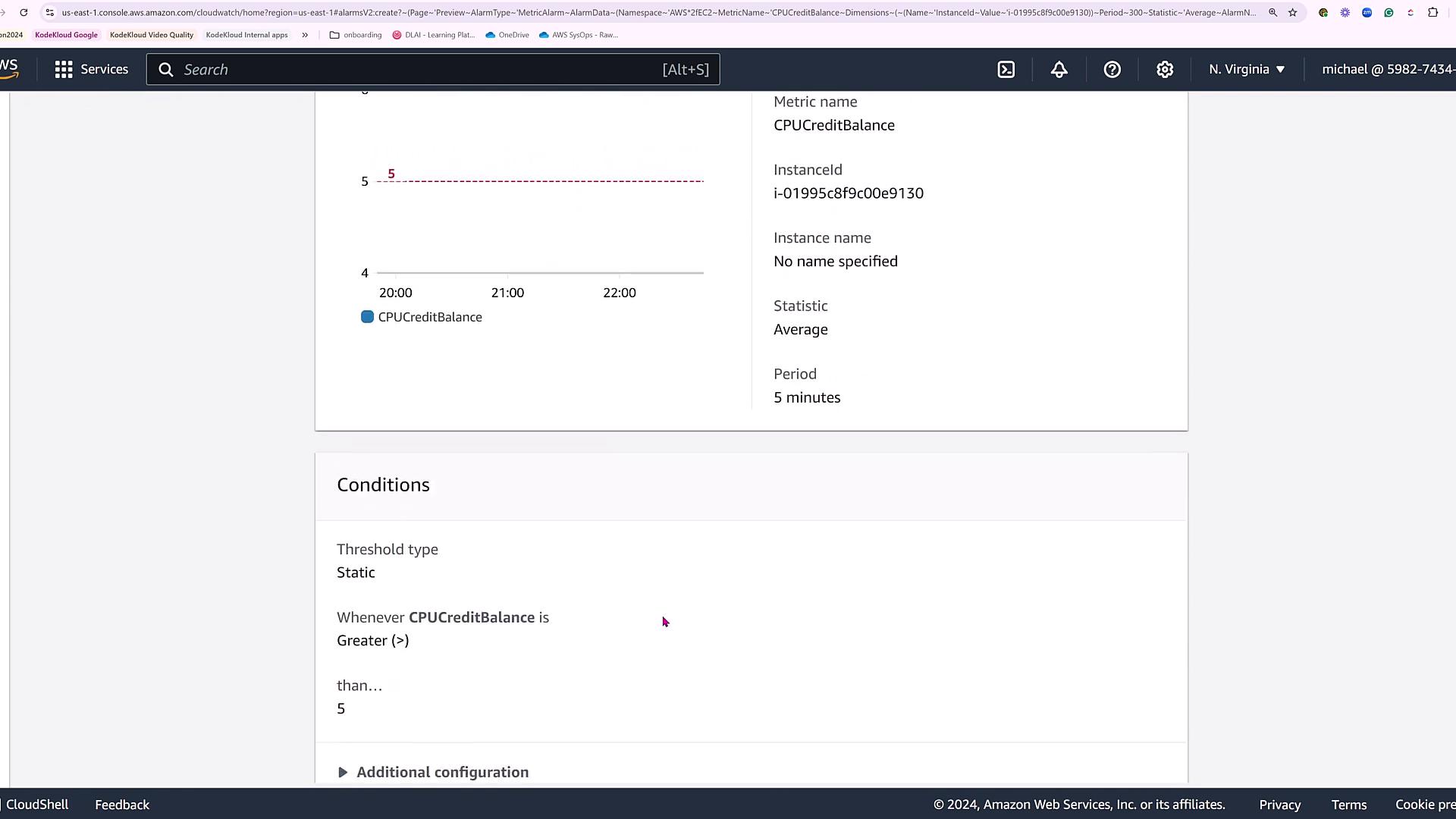 The image shows an AWS CloudWatch dashboard displaying a graph of CPU credit balance for an EC2 instance, with conditions set for an alarm when the balance is greater than 5.