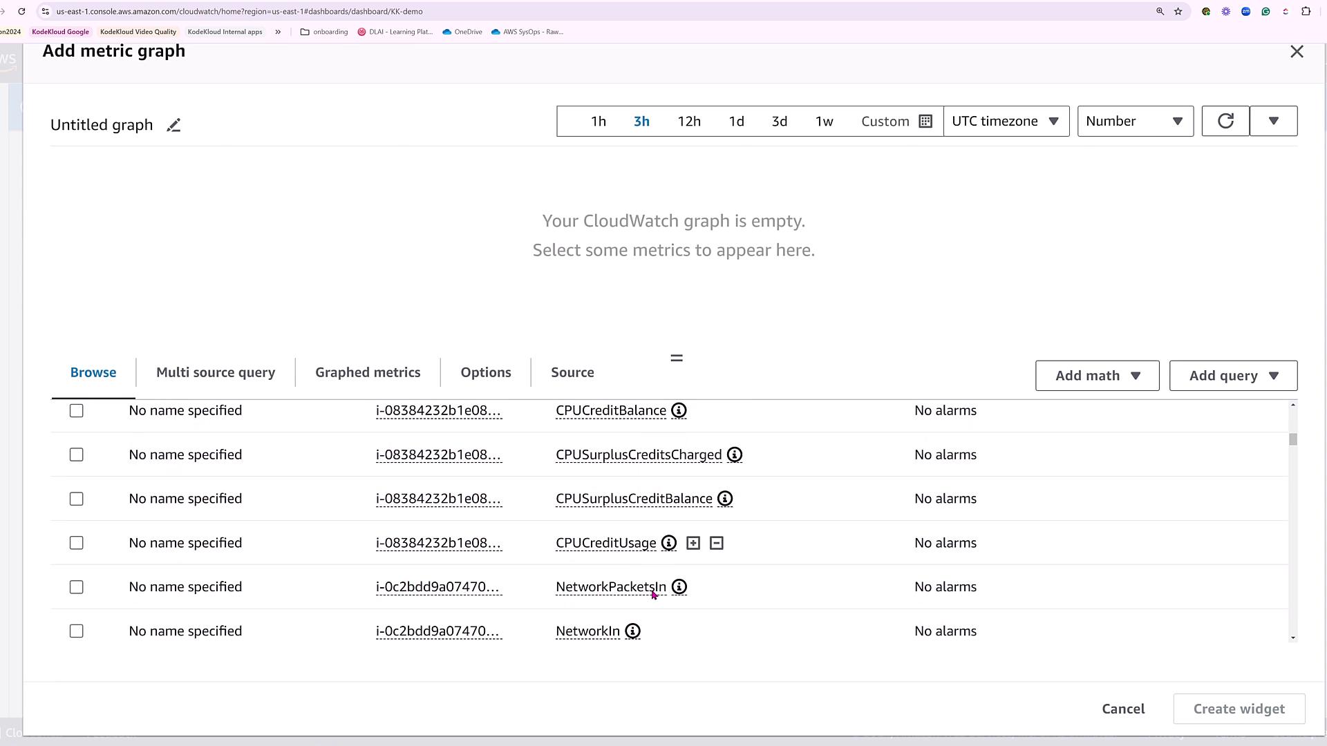 The image shows an AWS CloudWatch dashboard with an empty graph area and a list of metrics related to CPU and network usage, with no alarms set.