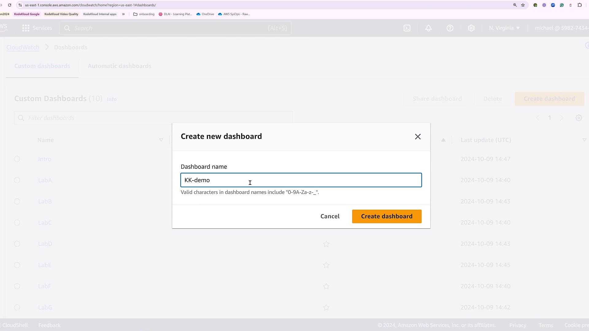 The image shows a web interface for creating a new dashboard in AWS CloudWatch, with a dialog box where "KK-demo" is entered as the dashboard name.