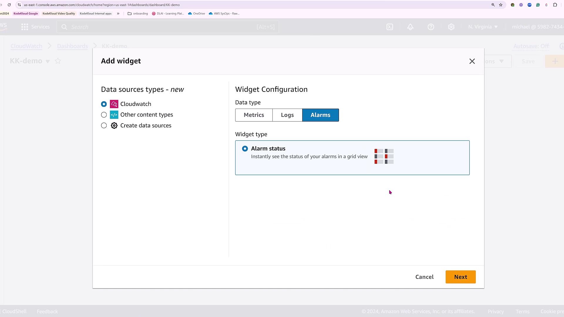 The image shows a configuration screen for adding a widget in AWS CloudWatch, with options to select data source types and configure widget settings for alarms.