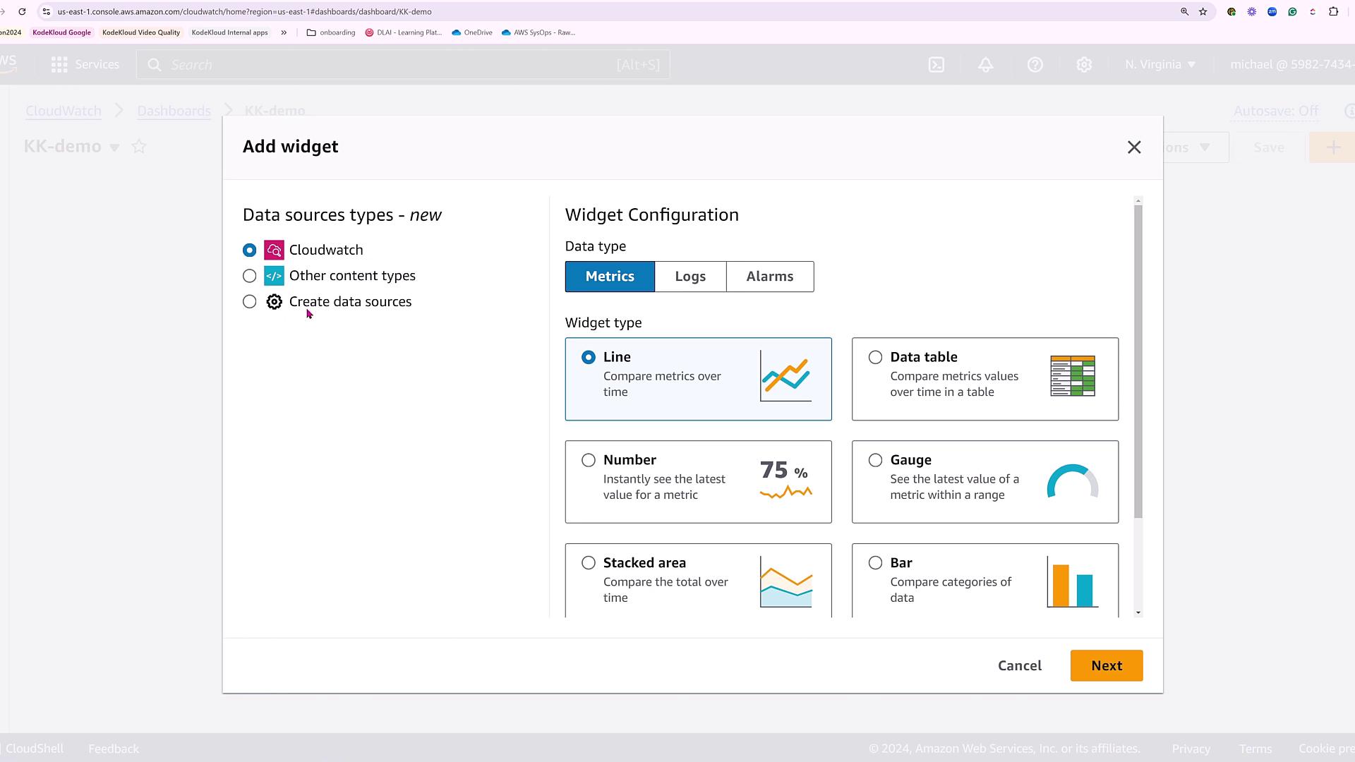The image shows a widget configuration screen in AWS CloudWatch, where users can select data source types and widget types such as line, data table, number, gauge, stacked area, and bar.