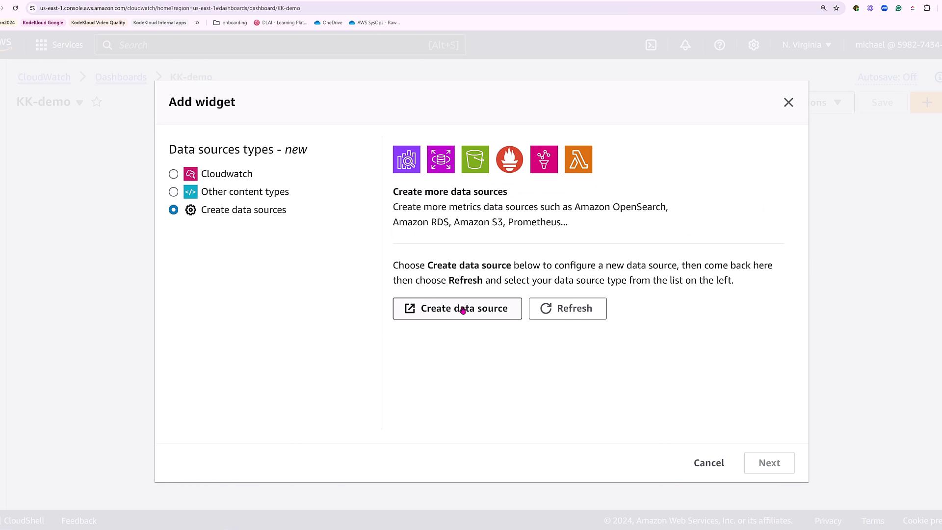 The image shows an AWS CloudWatch interface for adding a widget, with options to select data source types such as CloudWatch, other content types, or create new data sources. There are buttons for creating a data source and refreshing the list.