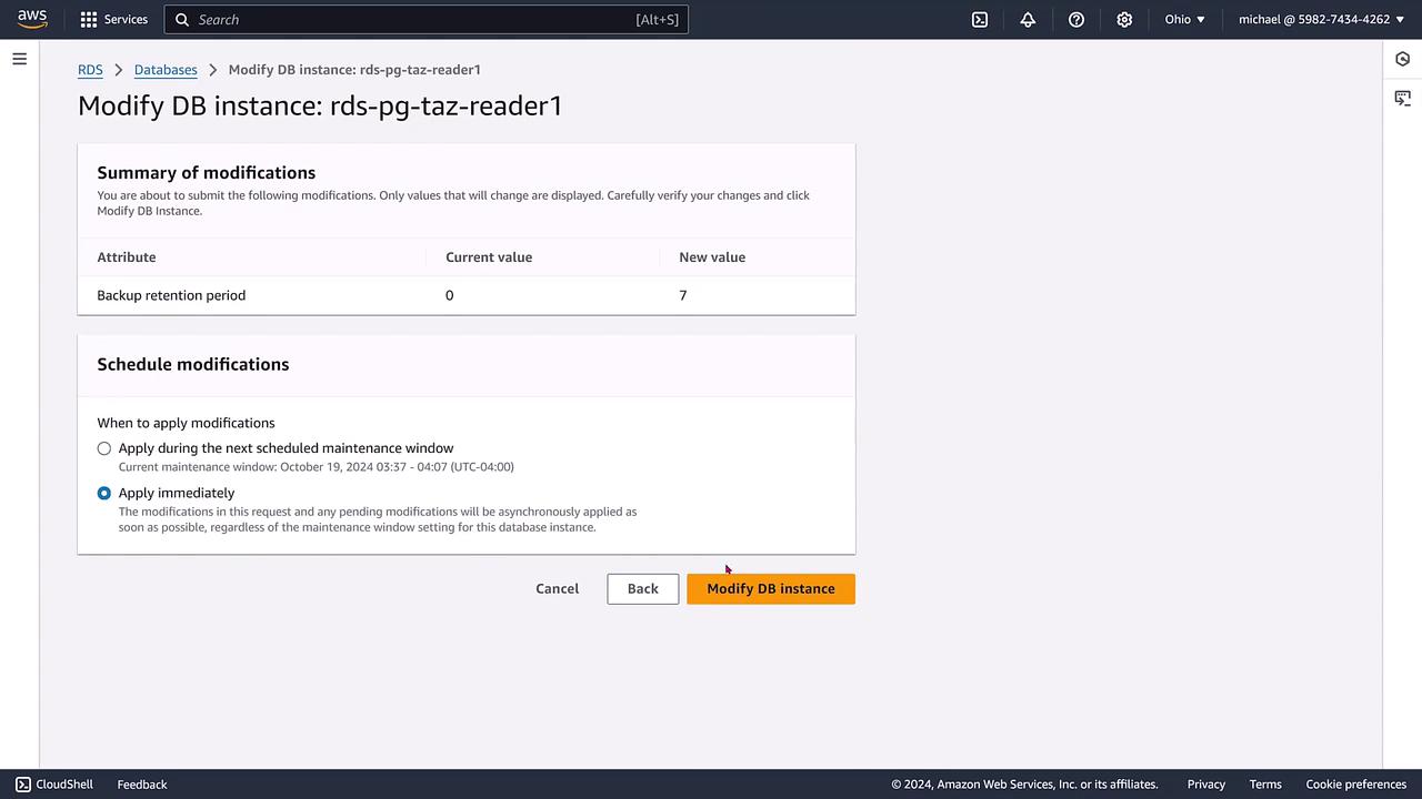 The image shows an AWS interface for modifying a database instance, specifically changing the backup retention period from 0 to 7 days, with an option to apply the changes immediately.