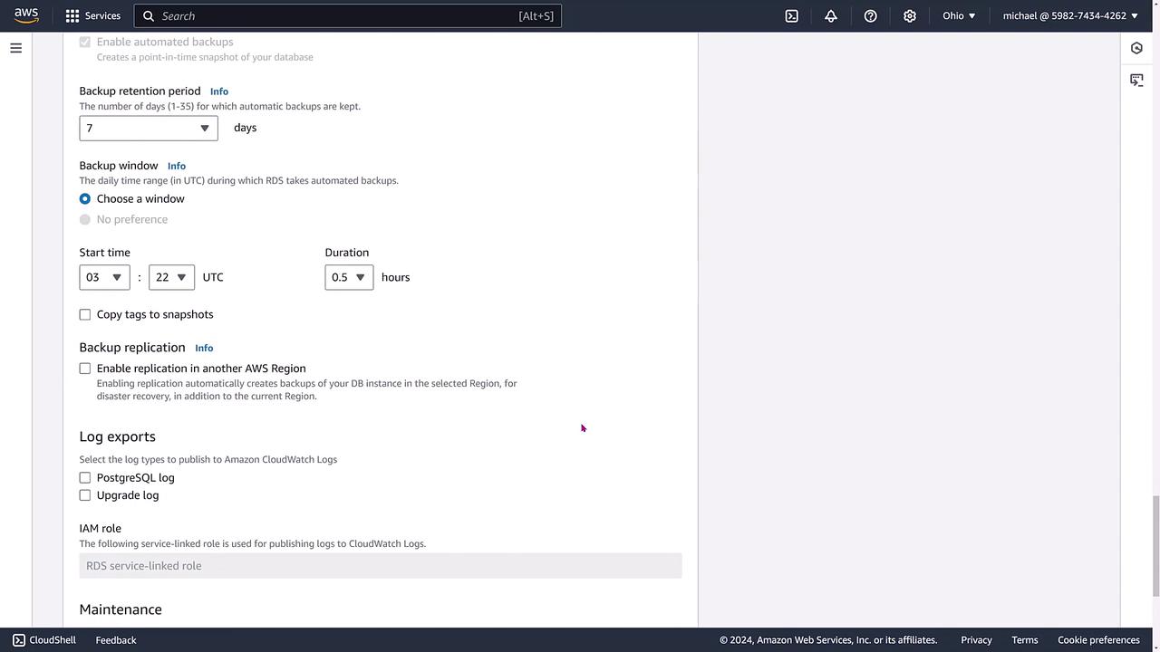 The image shows an AWS management console screen with settings for backup retention, backup window, and log exports for a database. Options for enabling replication and selecting log types are also visible.