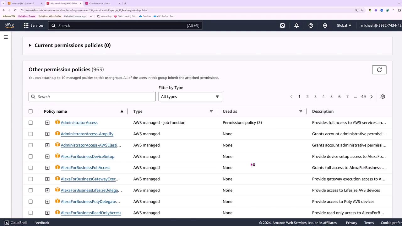 The image shows an AWS IAM console screen displaying a list of permission policies, including their names, types, usage, and descriptions.