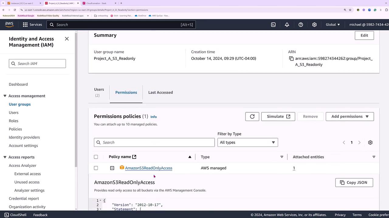 The image shows an AWS Identity and Access Management (IAM) console screen, displaying the permissions for a user group named "Project_A_S3_Readonly," which has an "AmazonS3ReadOnlyAccess" policy attached.