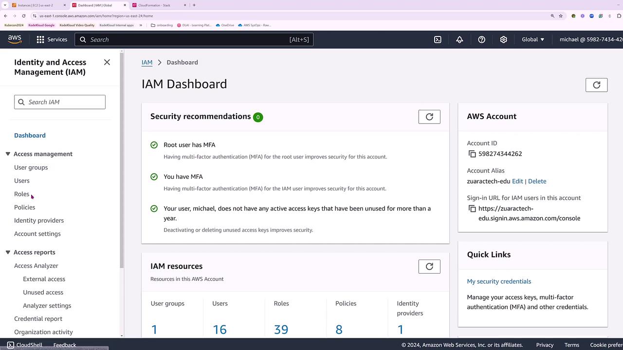 The image shows an AWS Identity and Access Management (IAM) dashboard with security recommendations and account details. It includes information about multi-factor authentication and IAM resources like user groups, users, roles, and policies.