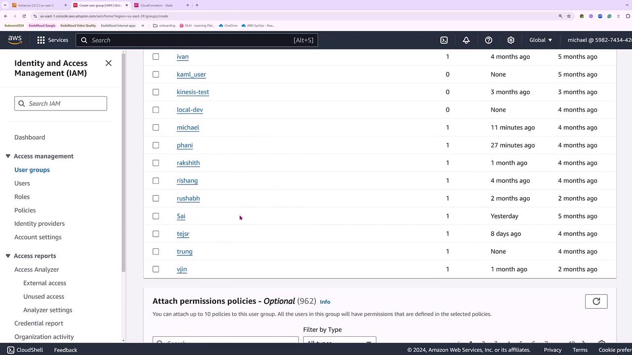The image shows an AWS Identity and Access Management (IAM) dashboard displaying a list of user groups with details such as name, number of users, and activity timestamps.