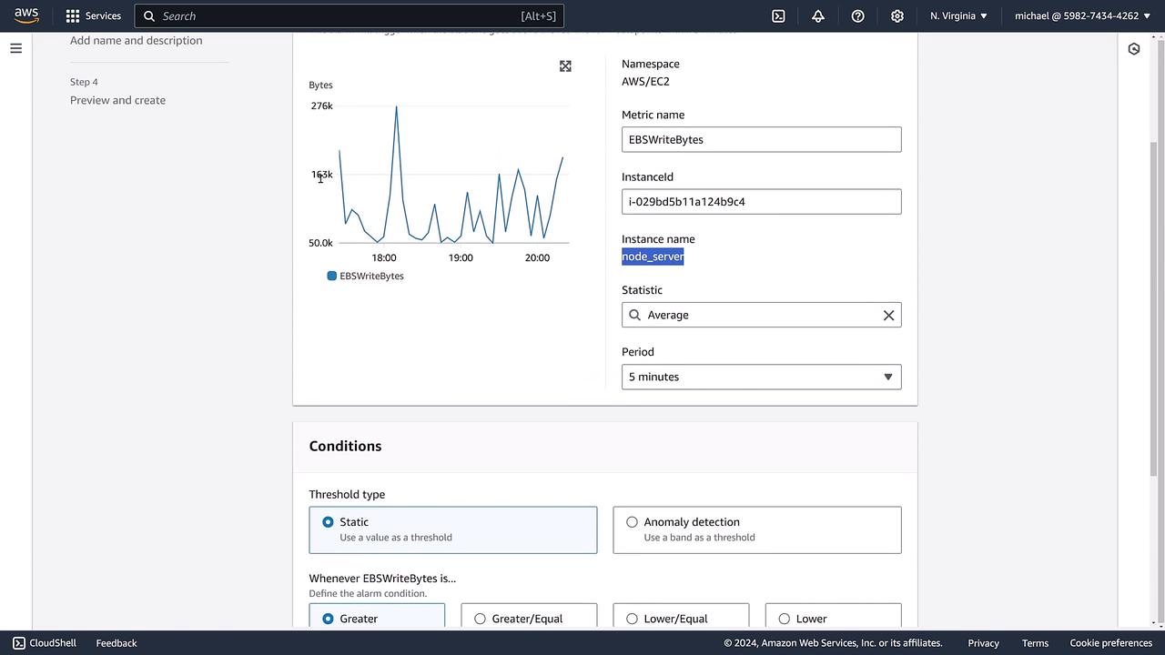 The image shows an AWS CloudWatch interface with a graph displaying EBSWriteBytes over time for an EC2 instance. It includes settings for configuring alarm conditions based on the metric.