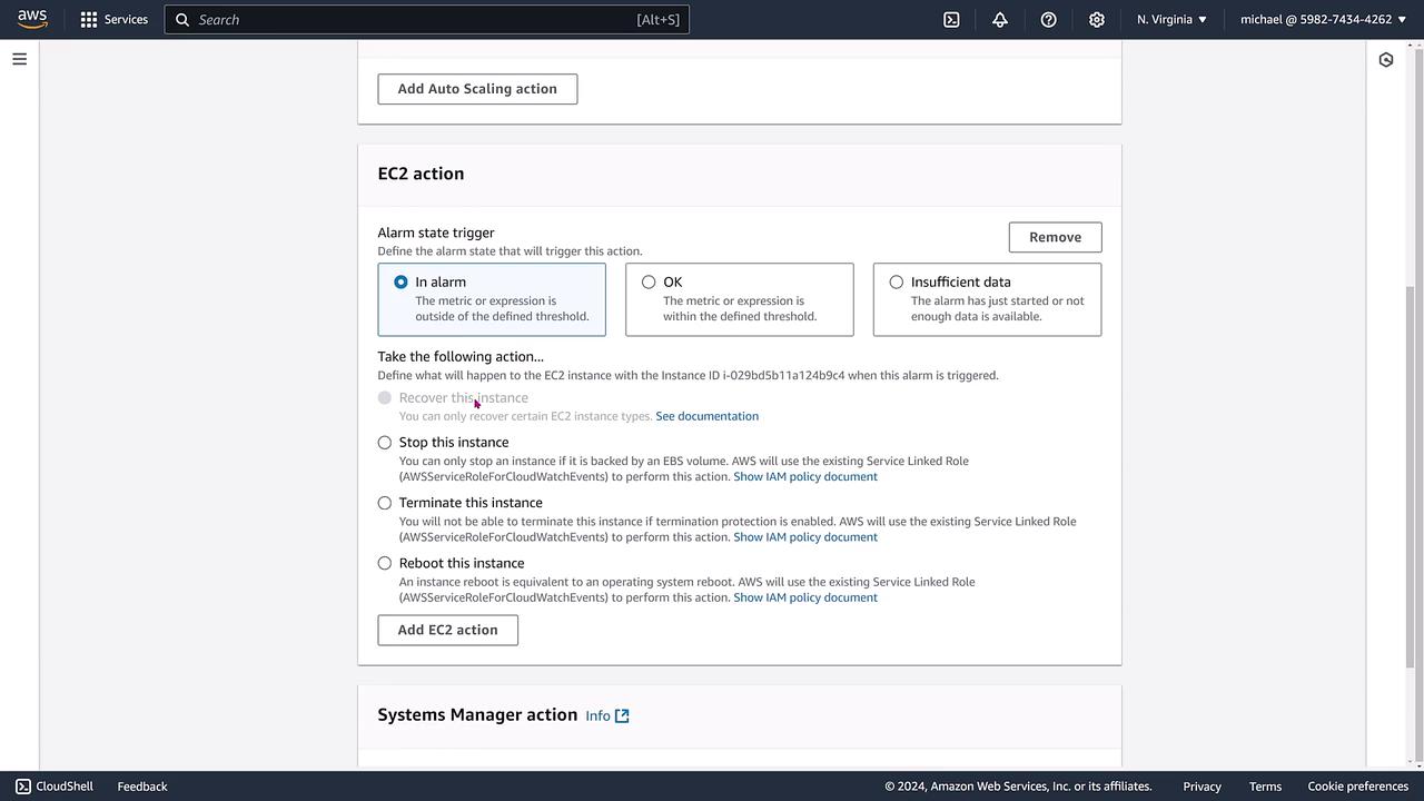 The image shows an AWS EC2 action configuration screen where you can define actions based on alarm state triggers, such as recovering, stopping, terminating, or rebooting an instance.