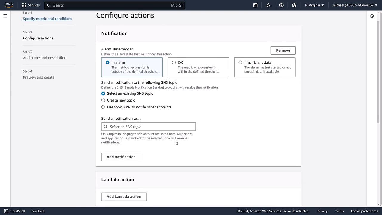 The image shows an AWS interface for configuring actions, specifically setting up notifications for alarm states using SNS topics. Options include selecting an existing SNS topic, creating a new topic, or using a topic ARN.