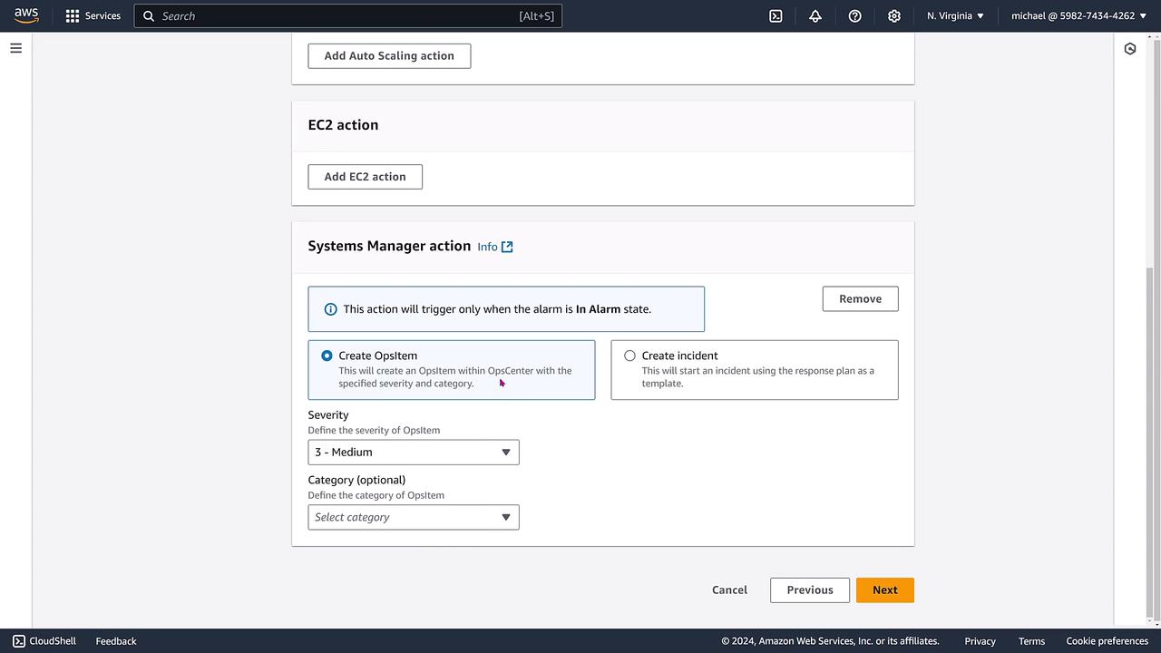 The image shows an AWS interface for configuring a Systems Manager action, specifically for creating an OpsItem or incident when an alarm is in the "In Alarm" state. Options for severity and category are also available.