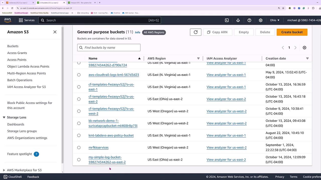 The image shows an Amazon S3 console with a list of general-purpose buckets, including details like bucket names, AWS regions, IAM access analyzers, and creation dates.