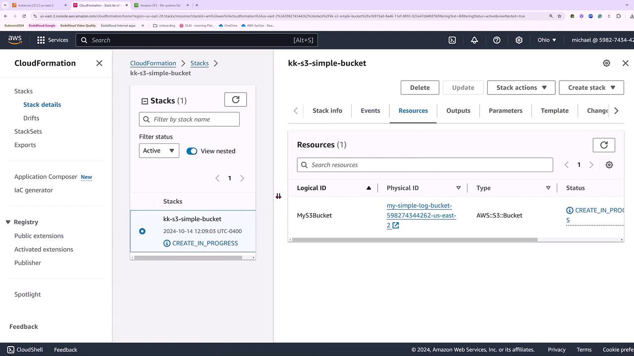 The image shows an AWS CloudFormation console with a stack named "kk-s3-simple-bucket" in progress, displaying details of an S3 bucket resource being created.