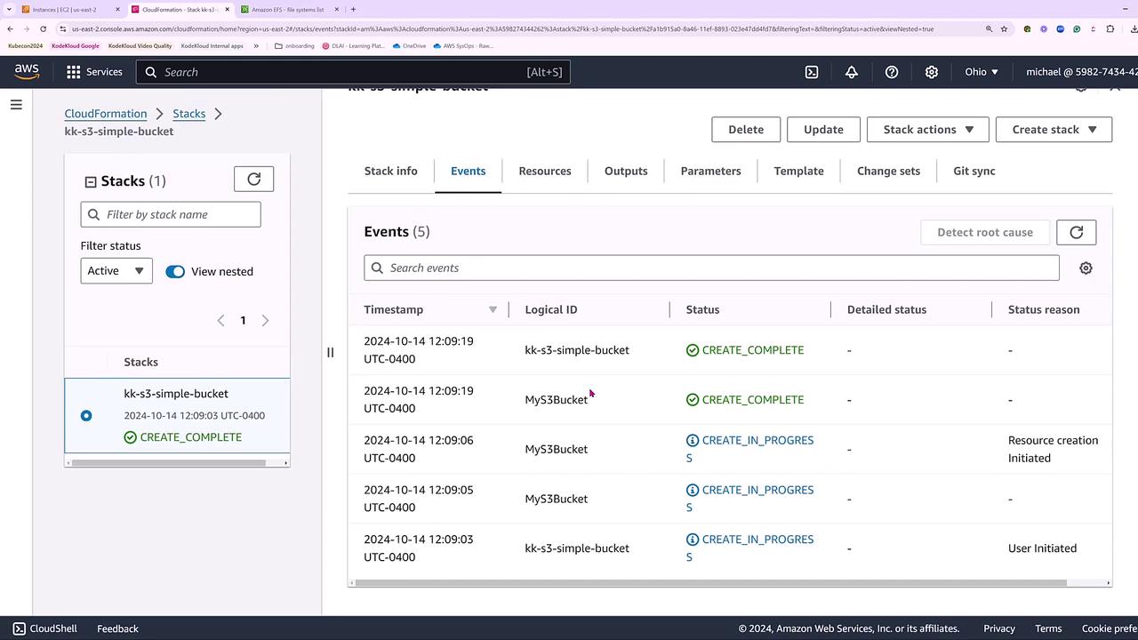 The image shows an AWS CloudFormation console with a stack named "kk-s3-simple-bucket." The events tab displays the creation progress and completion status of the stack and its resources.