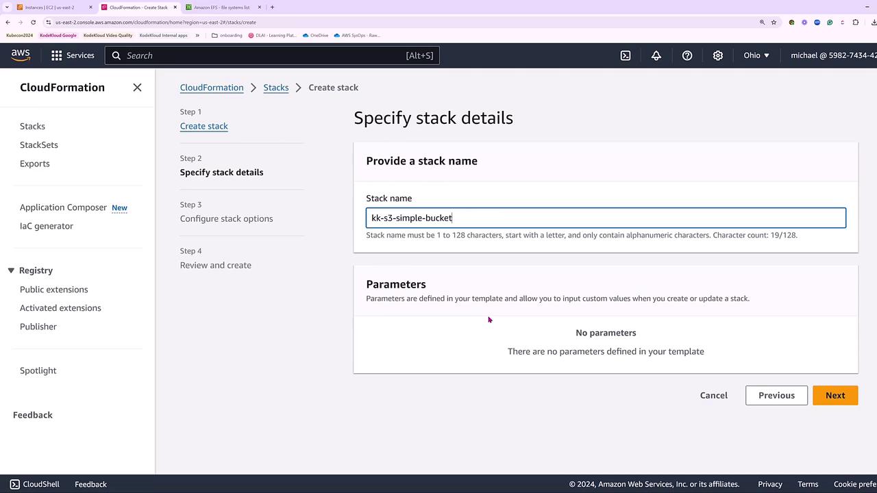 The image shows an AWS CloudFormation interface where a user is specifying stack details, including providing a stack name "kk-s3-simple-bucket." There are no parameters defined in the template.