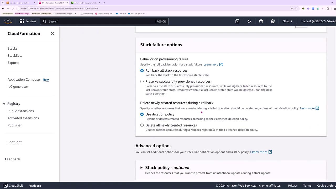 The image shows the AWS CloudFormation interface, specifically the "Stack failure options" settings, where users can configure behavior on provisioning failure and deletion policies for newly created resources.