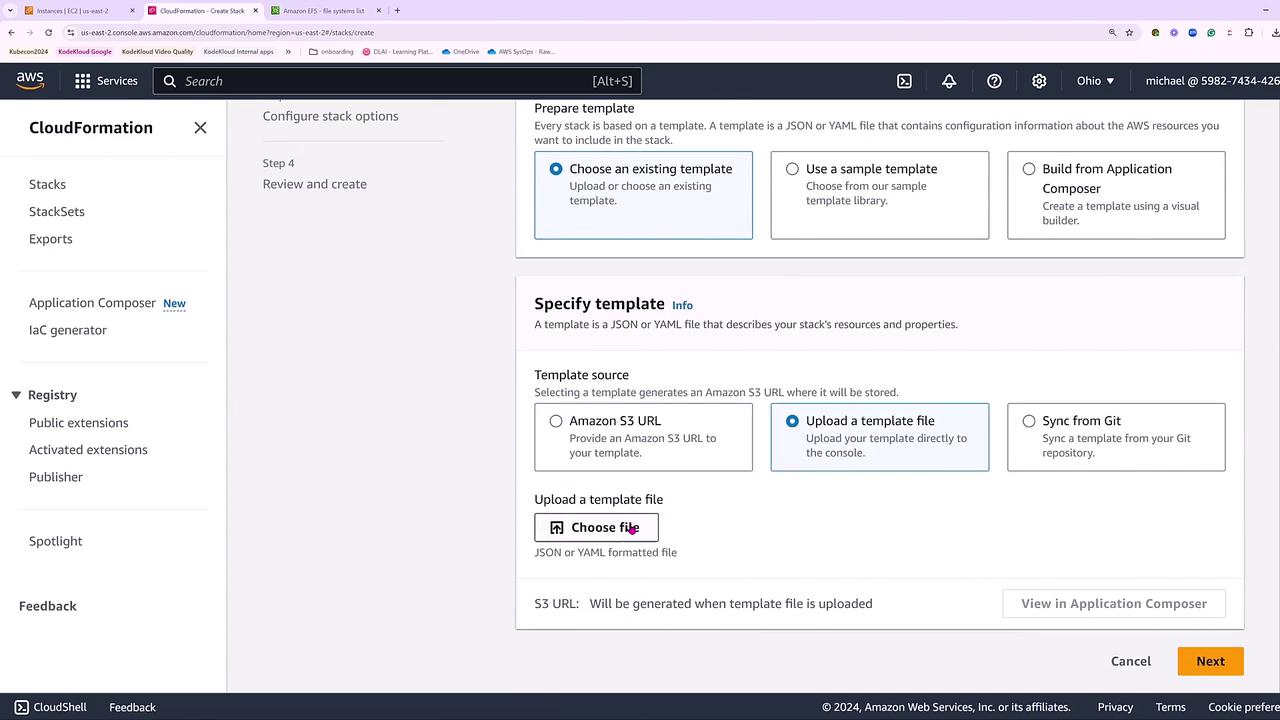 The image shows an AWS CloudFormation interface where users can prepare and specify a template for creating a stack, with options to choose an existing template, use a sample, or build from Application Composer. It also includes options to upload a template file, use an Amazon S3 URL, or sync from Git.