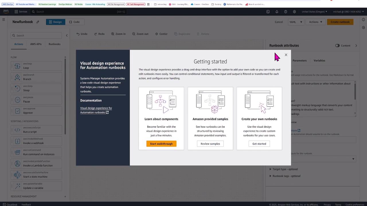 The image shows an AWS interface for creating automation runbooks, featuring a "Getting started" guide with options to learn about components, review Amazon samples, and create custom runbooks.