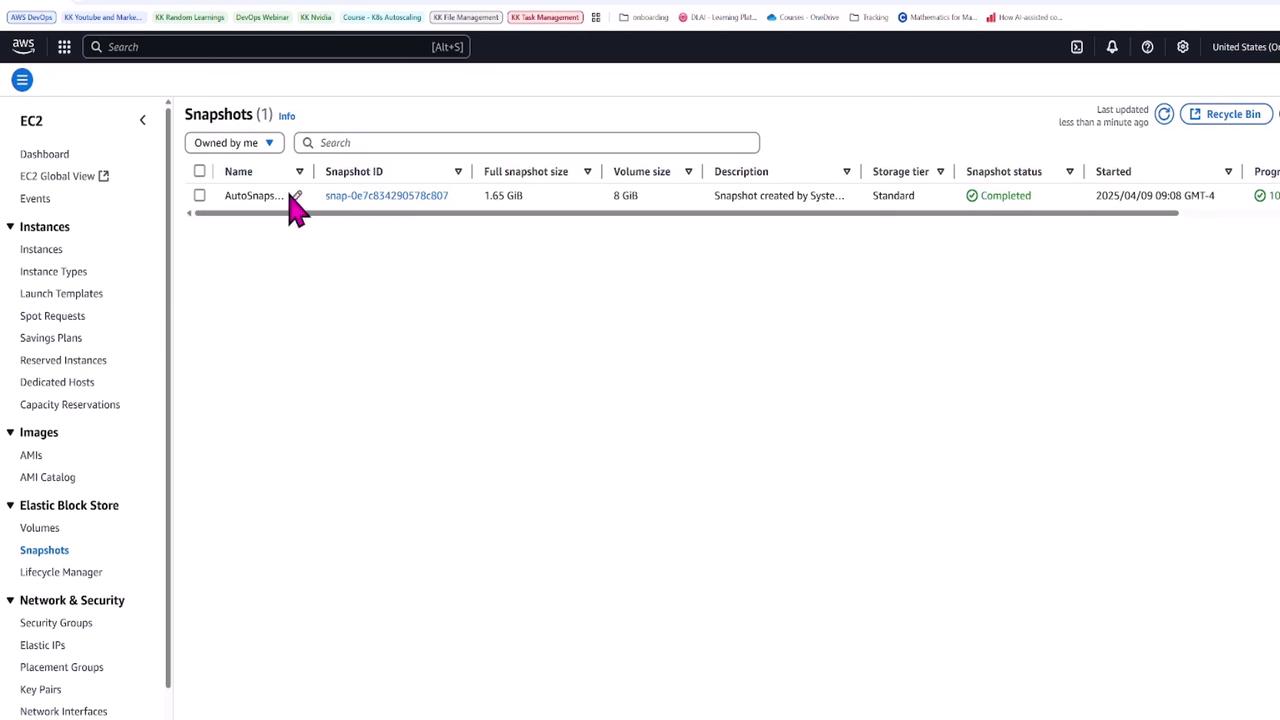 The image shows an AWS EC2 dashboard displaying a list of snapshots, with one snapshot named "AutoSnapshot" highlighted. The snapshot details include its ID, size, and status.