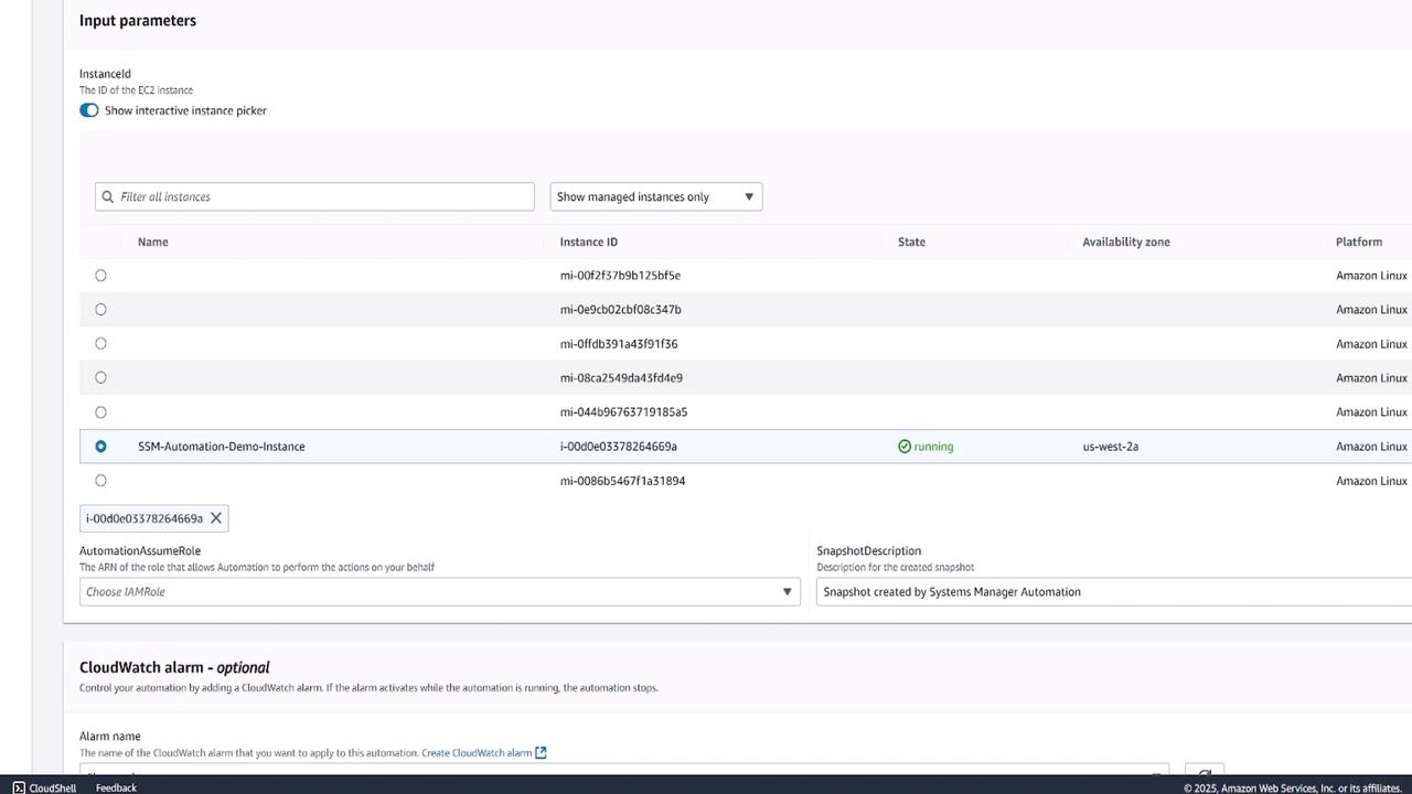 The image shows an AWS console interface displaying a list of EC2 instances with details such as instance ID, state, availability zone, and platform. One instance, labeled "SSM-Automation-Demo-Instance," is highlighted and marked as running.