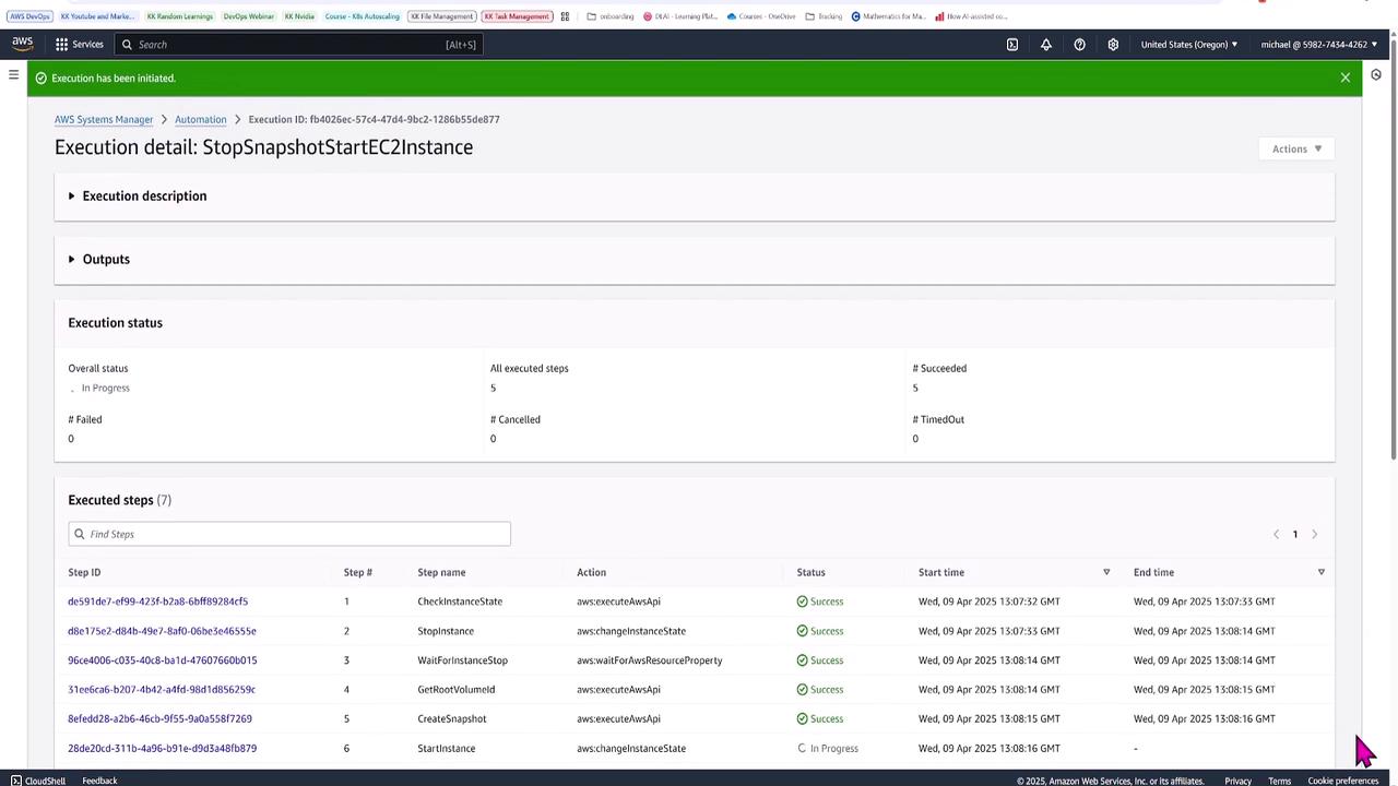 The image shows an AWS Systems Manager Automation execution detail page for a process named "StopSnapshotStartEC2Instance," displaying the execution status and steps, with all steps marked as successful except the last one, which is in progress.