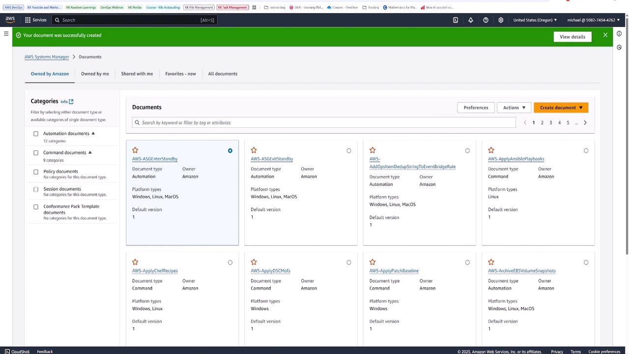 The image shows the AWS Systems Manager Documents interface, displaying a list of documents owned by Amazon, categorized by type and platform compatibility.